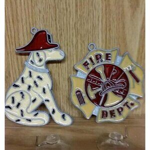 Mid Century Fire Dept Dalmatian and Emblem Sun Catchers Set-NOS